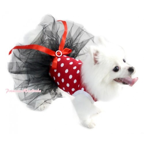 Minnie Polka Dots Sleeveless Black Gauze Skirt With Red Rhinestone Bow Pet Dress DC031 